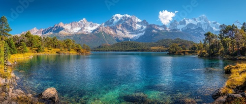 Quenoal trees in the Llanganuco lake, located near the Huascaran mountain in the white range, Yungay, Huaraz, Ancash, Peru photo