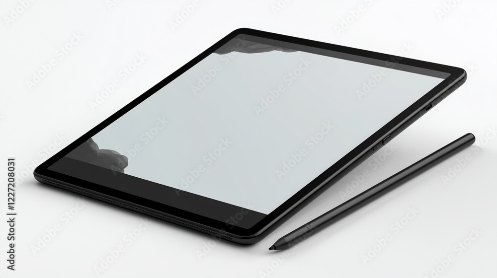 Black tablet, stylus, blank screen, white background, digital art Black tablet, stylus, blank screen, white background, digital art