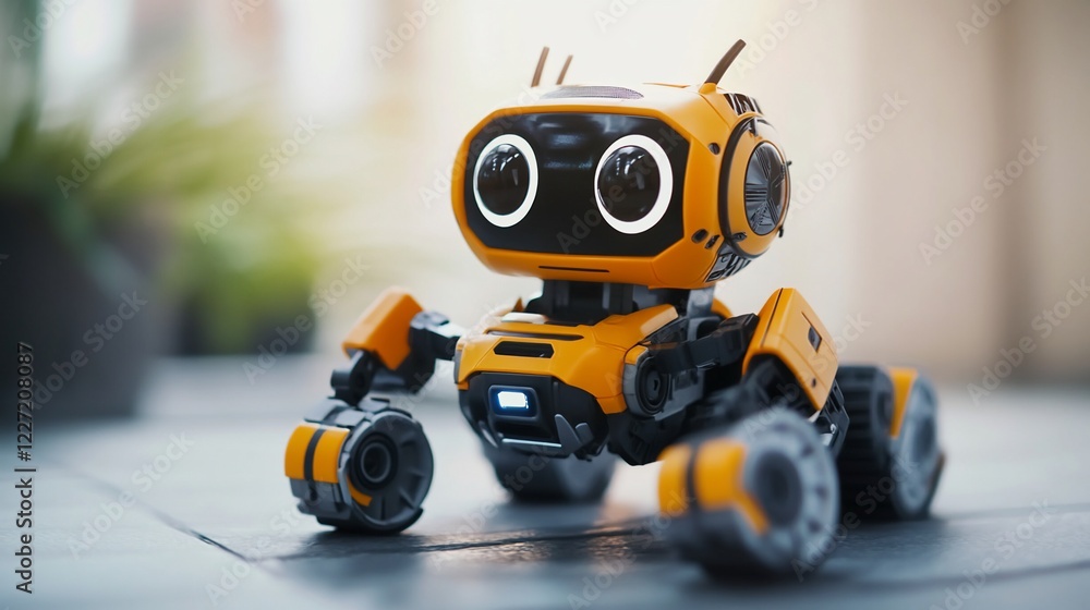 Orange robot toy indoors, exploring, blurred background, advertisement Orange robot toy indoors, exploring, blurred background, advertisement