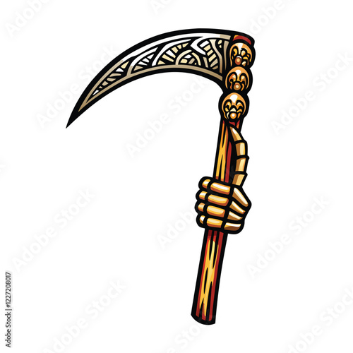 Illustrate a skeletal hand, gnarled and bony, firmly gripping a rusty scythe;  dark, moody background.