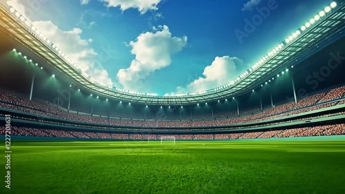 Sport Stadium 4K Animation with Full Audience and Spotlights on Grass Field