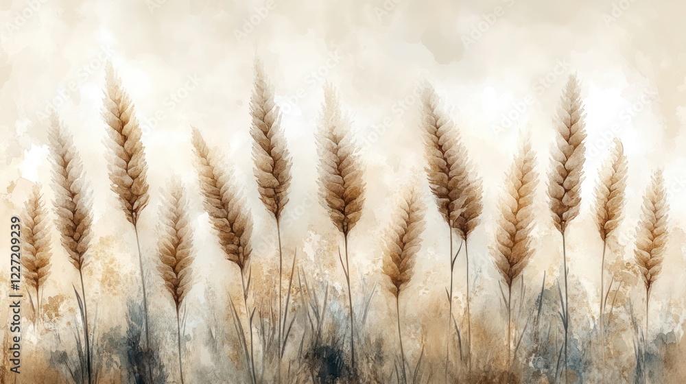 Fototapeta premium Serene Wheat Field Watercolor Painting: A Tranquil Autumn Scene