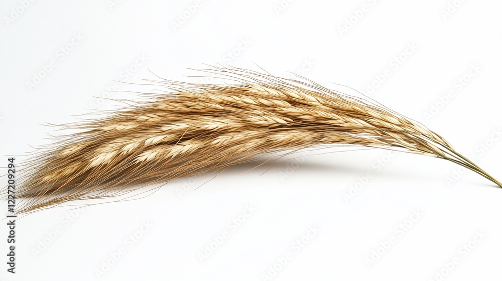 Golden wheat stalk on white, harvest backdrop, food packaging Golden wheat stalk on white, harvest backdrop, food packaging