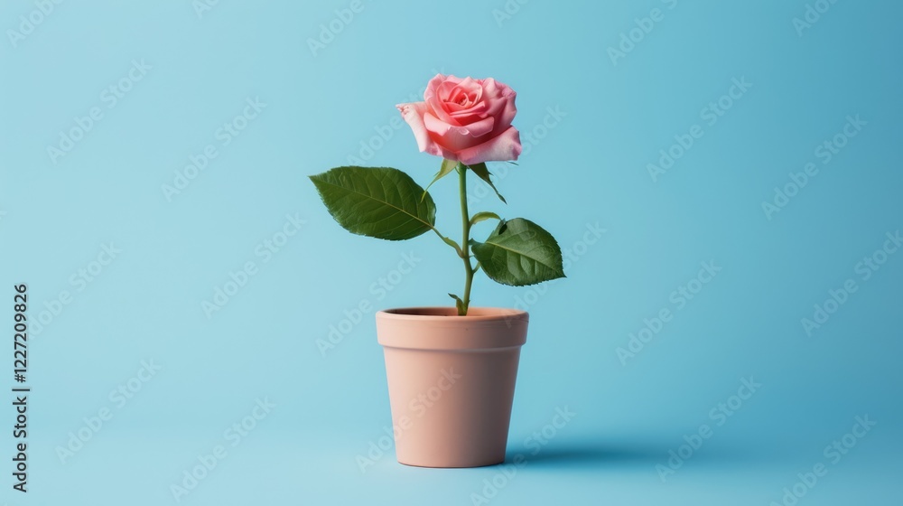 A bright rose in a small brown pot, depicted on a blue background, symbolizes beauty and growth. A bright rose in a small brown pot, depicted on a blue background, symbolizes beauty and growth.