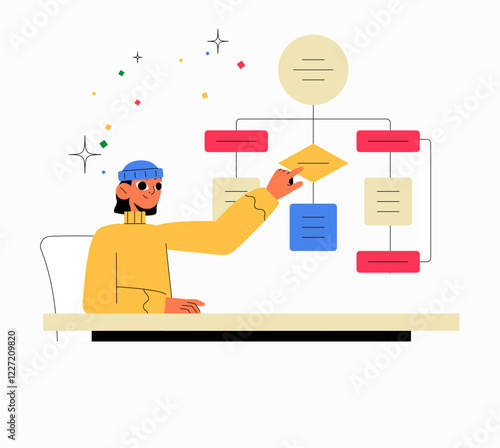 Female Character Creating Flowchart In Flat Vector Illustration Symbolizing Workflow, Process Optimization, And Project Planning, Isolated On White Background