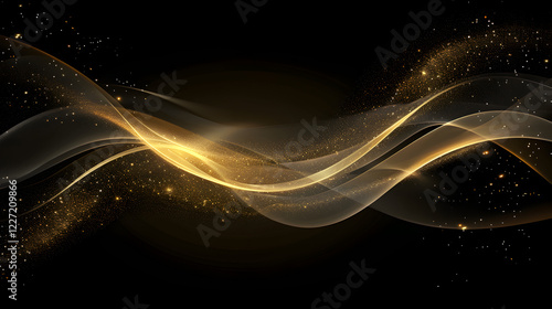Abstract golden waves with sparkling elements on a black background.