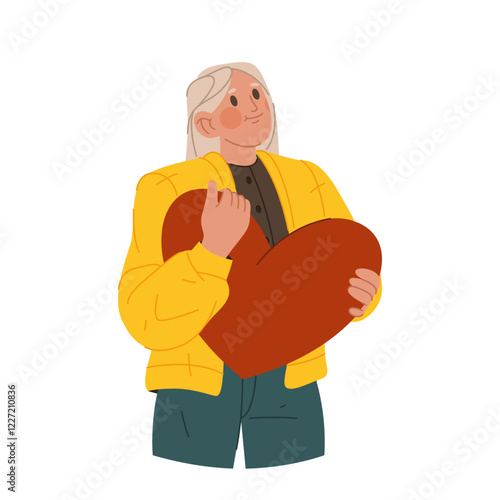Happy woman with heart, vector image or clipart. Lady holds heart in hands. Sign that means to be in love, give a love or confession of love. Romantic mood or vibe. Valentines day greeting card.