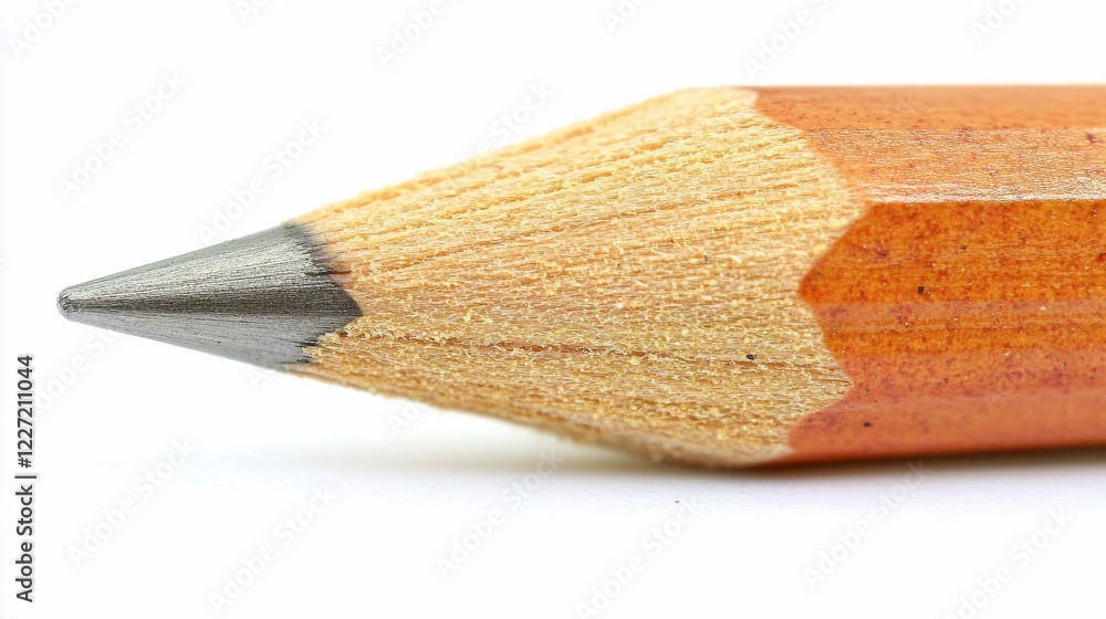 Fototapeta premium Close-up sharpened pencil point, wood, white background, writing, education