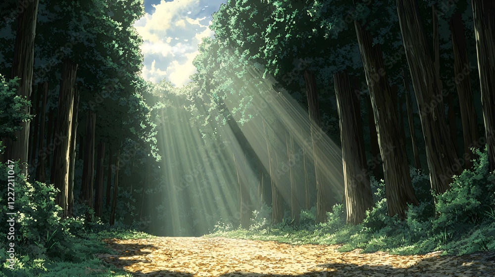 Fototapeta premium Sunlit forest path, nature background, peaceful walk, serene landscape, ideal for travel or nature documentaries