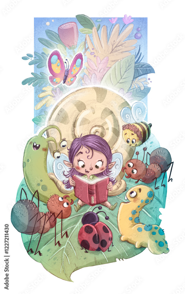 Naklejka premium Fairy reading a book surrounded by funny insects