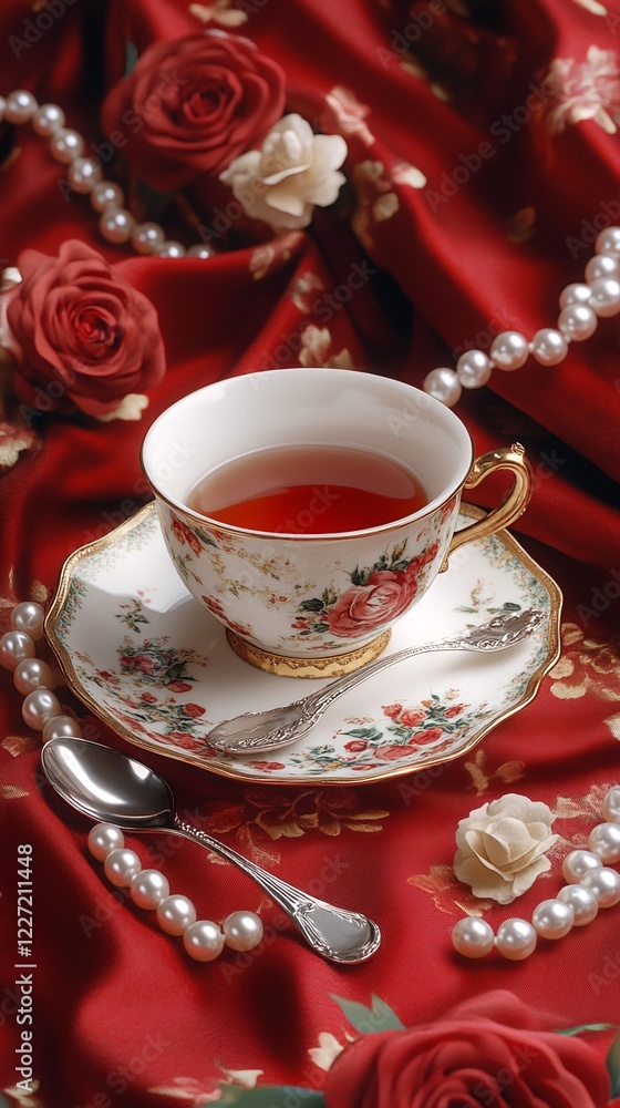 Fototapeta premium A cup of tea on a red cloth with pearls and roses.