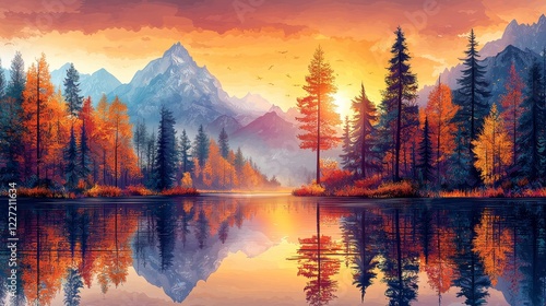 Colored illustration of a mountainous landscape with a lake during summer