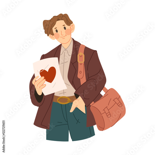 Young man character with valentine card in hand. Vector image or clipart. Man holds a postcard with a confession of love. Romantic festive gift or present for girlfriend. Valentines day greeting.