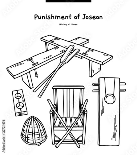 This illustration is a variety of punishments from Korea's Joseon Dynasty. There are konjang, juri, and torture devices.