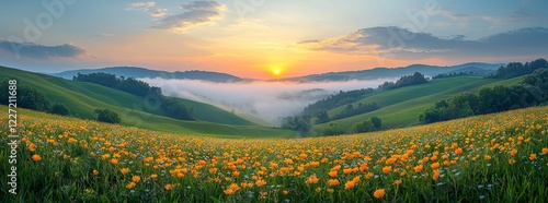 Green hills in full spring bloom create a panoramic landscape - AI Generated