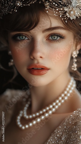 A close-up portrait of a woman with fair skin and brown hair, adorned with pearl earrings and a pearl necklace, gazing directly at the camera with striking green eyes. photo