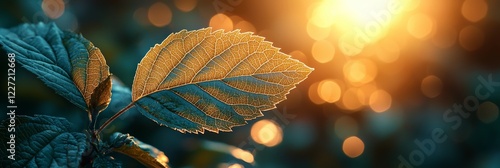 A picturesque scene of a green leaf against a blurred backdrop of garden foliage, bathed in sunlight, with ample copy space, set against a backdrop of lush natural plants, evoking a sense of ecology