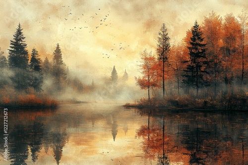 An impressionist abstract oil painting of an autumn landscape. Forest and pond illustrated in a misty fall morning