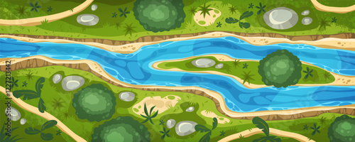 River top view vector illustration. Aerial nature sign with flowing water and surrounding terrain. Tropical nature from air. Jungle or forest outdoor environment. Map and topography. Scenic landscape.