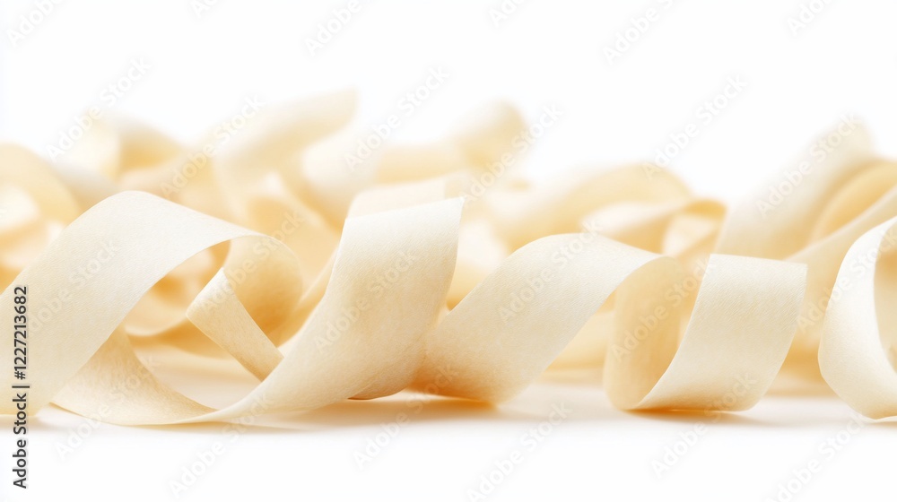 Creamy wood shavings curl on white background, studio shot, craft texture Creamy wood shavings curl on white background, studio shot, craft texture