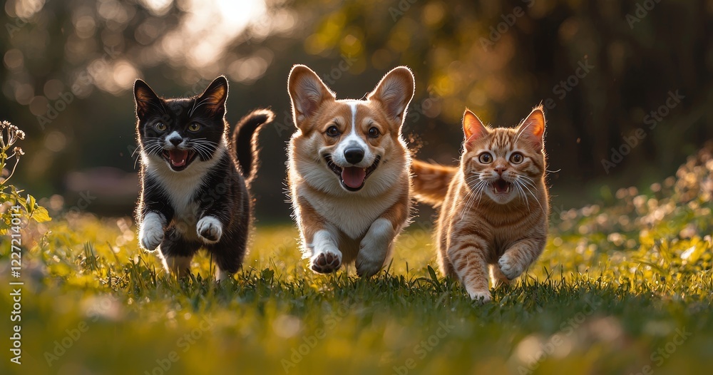 Fototapeta premium Two cats and a couple of dogs enjoy a walk on the grass of a sunny summer meadow