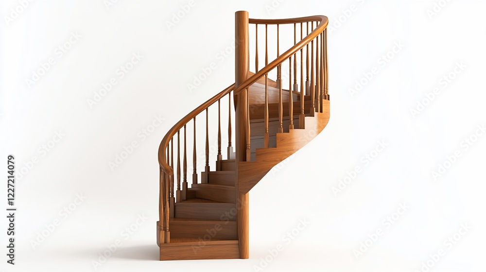 Elegant wooden spiral staircase, interior design, 3D render, white background, home improvement Elegant wooden spiral staircase, interior design, 3D render, white background, home improvement