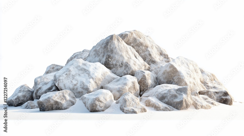 Fototapeta premium Snowy rocks pile, isolated background, winter scene, construction material