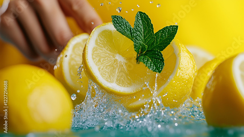 Close-up of fresh lemon slices splashing into icy water with mint leaves, surrounded by vibrant yellow tones. photo