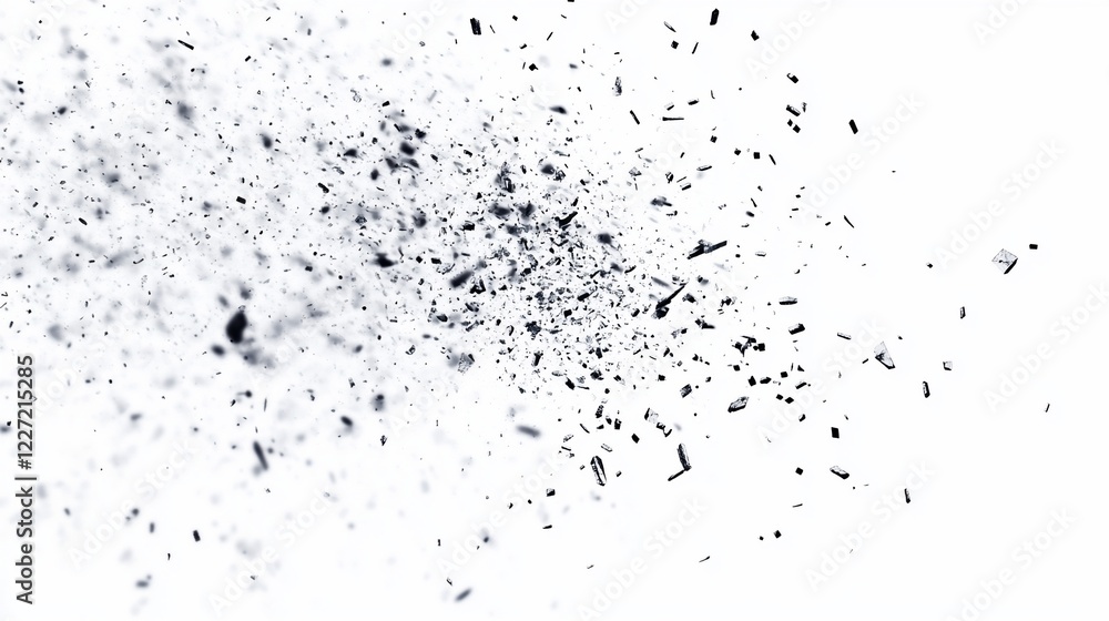 Obraz premium Black particles exploding, white background, studio shot, motion graphic element