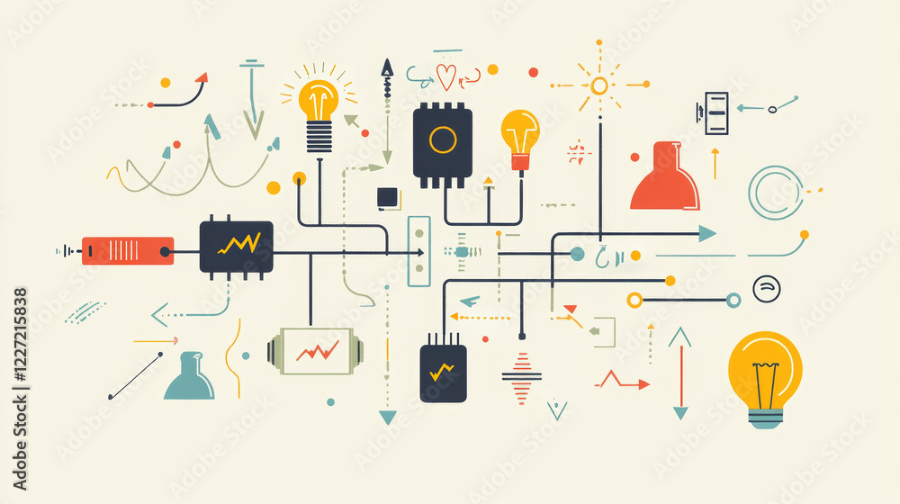 A flowchart that visually explains how electricity flows through a circuit, using simple icons like batteries, light bulbs, and wires. A flowchart that visually explains how electricity flows through a circuit, using simple icons like batteries, light bulbs, and wires.