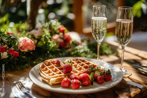 Beautifully Arranged Brunch Table with Waffles, Strawberries, Champagne, and Floral Decorations photo