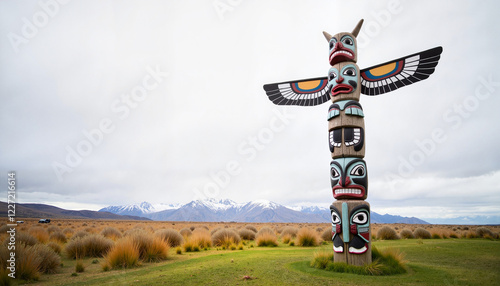 Colorful totem pole standing in grassy field under overcast sky, cultural significance photo