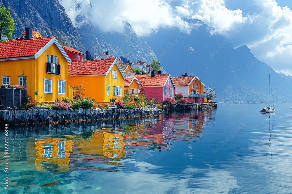 Fototapeta premium The Reine village perfectly mirrored on the fjord's water in the Lofoten Islands, Norway