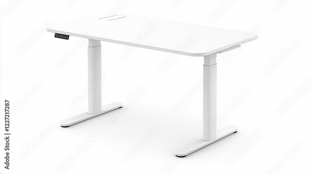 White electric standing desk, adjustable height, modern office, minimalist background, home workspace White electric standing desk, adjustable height, modern office, minimalist background, home workspace