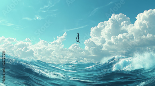 A flyboarder hovering just above the water, balancing with perfect form, while waves ripple around them under a bright blue sky