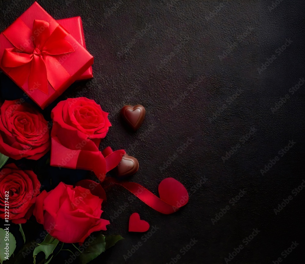 Red roses, gift box, chocolates and hearts creating romantic valentine's day composition Red roses, gift box, chocolates and hearts creating romantic valentine's day composition