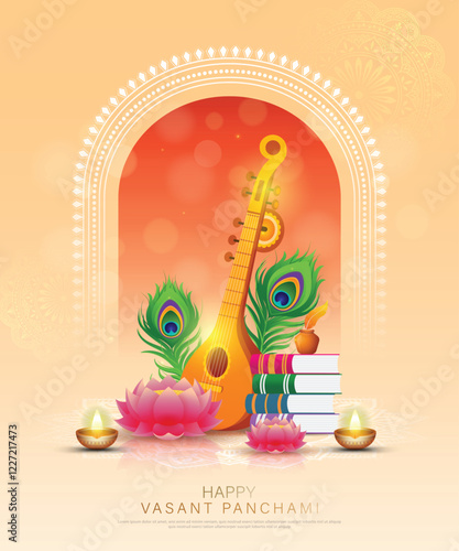 Happy Vasant Panchami - poster template design with veena and book with decorative diya lamp.