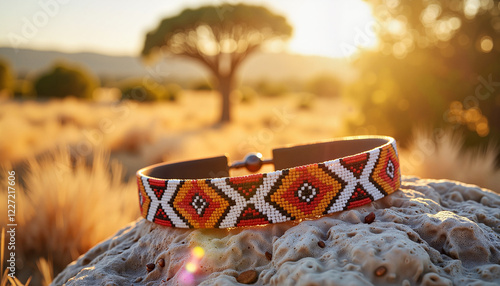 Colorful South African beaded necklace on stone in golden grass, heritage