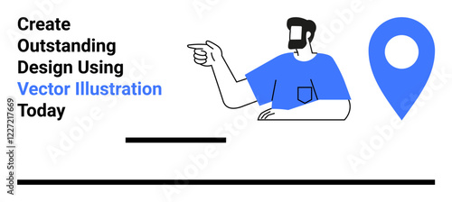 Man pointing to a blue location pin with text encouraging design usage. Ideal for marketing, navigation, creativity, promotion, inspiration, teamwork, branding. Flat landing page banner