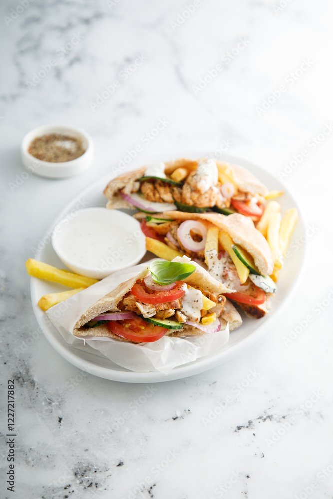 Traditional chicken gyros with vegetables Traditional chicken gyros with vegetables