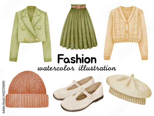 Watercolor Collection of Fashionable Clothes and Accessories