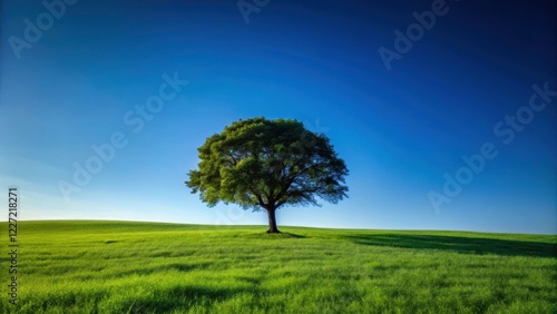 A dark landscape with a solitary tree standing tall against the clear blue sky, its silhouette defined against the vibrant green grass, landscape, grass