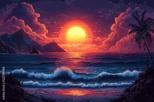 Creating a retro tropical beach summer backdrop, graphic illustration design, using generative ai