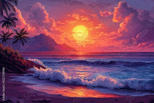 Illustrating a retro tropical beach summer setting, graphic design, powered by generative ai