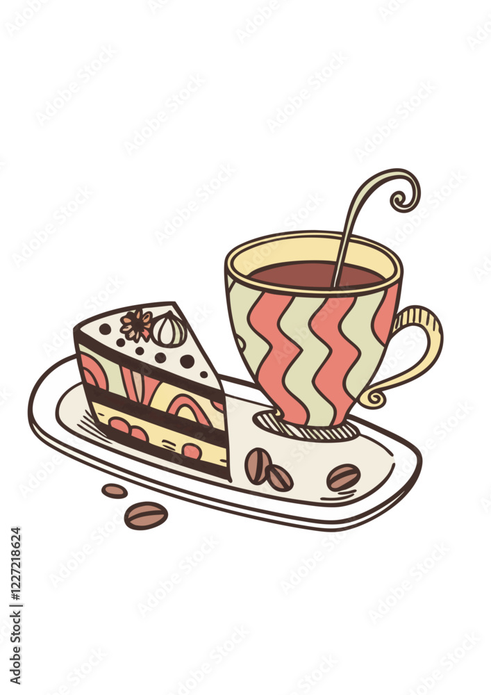 Bright stylized hot coffee cup with colorful pattern in retro style. The cup stands on a saucer with decorative elements, and coffee beans are scattered around
