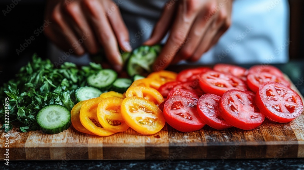 Hands slicing fresh tomatoes, cucumbers, and herbs on a wooden board. Hands slicing fresh tomatoes, cucumbers, and herbs on a wooden board.