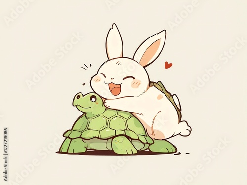 Adorable Bunny and Turtle Friends: A heartwarming illustration of a cheerful bunny riding on a friendly turtle, symbolizing friendship and joy. photo