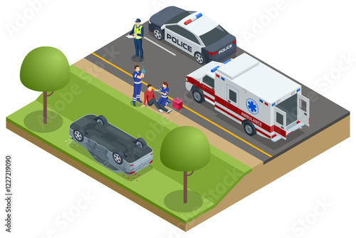 Car crash. Isometric vector showing a car flipped over near a rural road. Police and paramedics are assisting an injured individual, with a police car and ambulance nearby