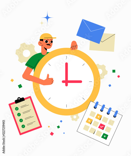 Male Character With Clock, Checklist, And Calendar In Flat Vector Illustration Symbolizing Time Management, Scheduling, And Productivity, Isolated On White Background
