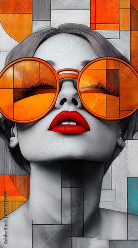 a woman with red lips and orange sunglasses, depicted in a cubist style. photo